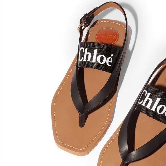 Chloe Shoes - Chloé Woody Logo Square Toed Thong Leather Sandals